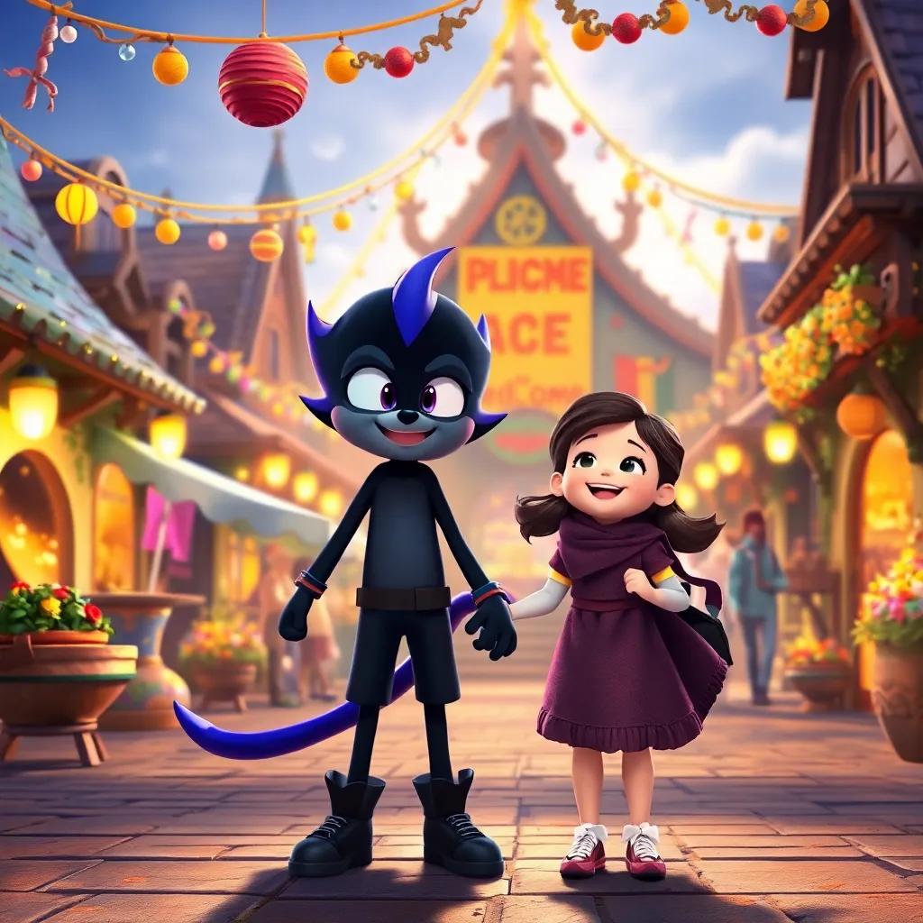 A beautiful scene of Shadow and the girl holding hands, excited and laughing, standing in front of a big, welcoming feast in the village square, colorful decorations everywhere, heartwarming digital painting, delightful view, child-safe