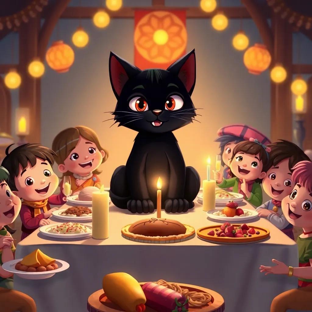 Shadow the black cat sitting on a joyous table, surrounded by villagers, with delicious food and cheerful faces, warm lighting, festive and friendly atmosphere, detailed illustration, child-friendly