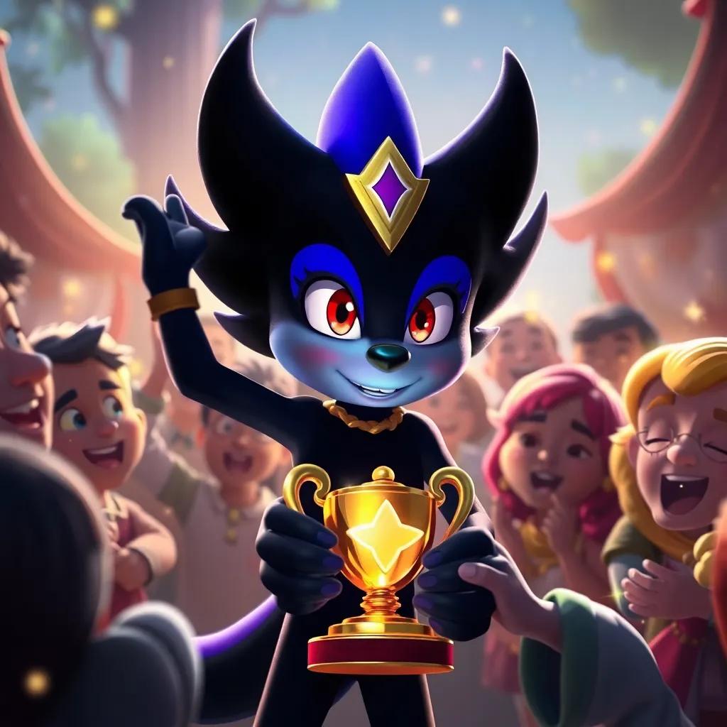 A scene of Shadow receiving a special trophy of friendship from the villagers, everyone cheering and celebrating, joyous expressions, sparkling lights, rich colors, uplifting, high quality