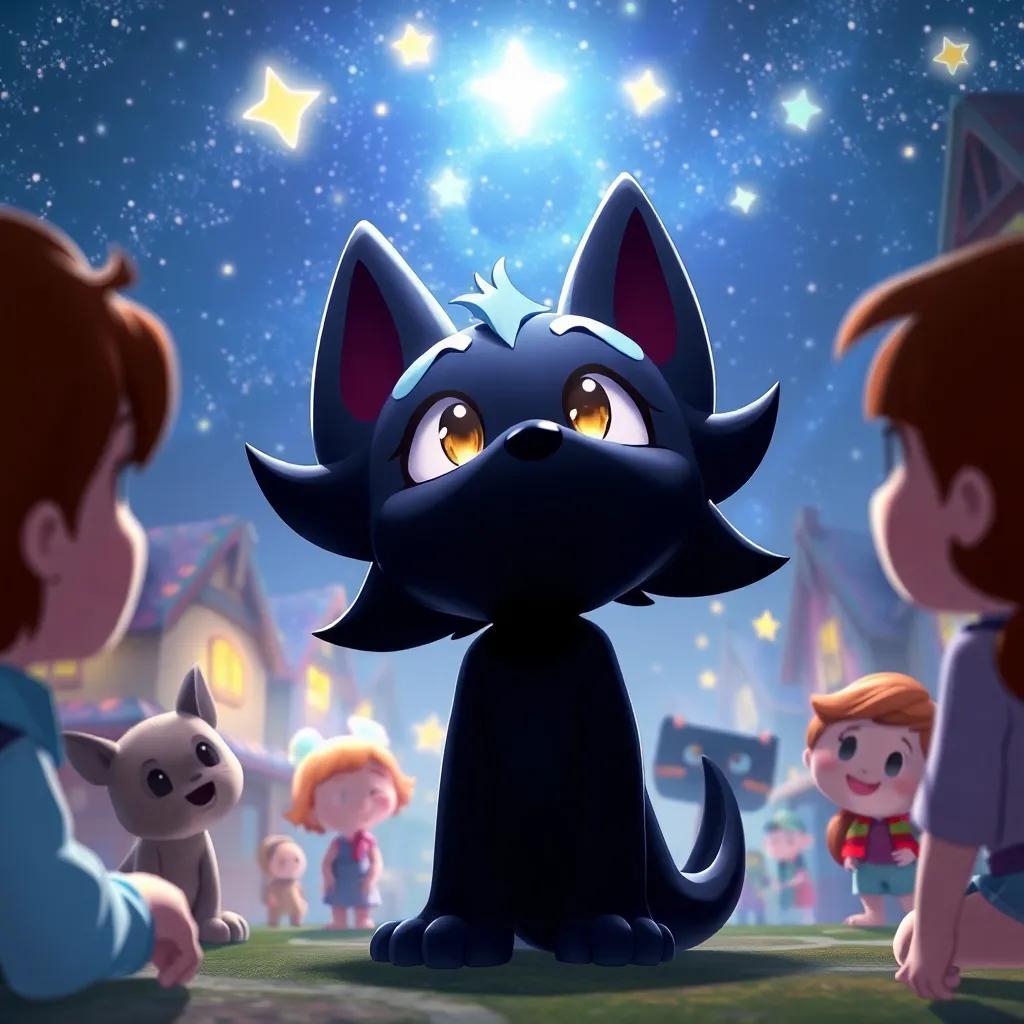 A magical moment of Shadow looking up with shining eyes, surrounded by friends, as stars twinkle above the village, illustrating the bond of friendship, tranquil and joyful scene, charming digital art, heartwarming
