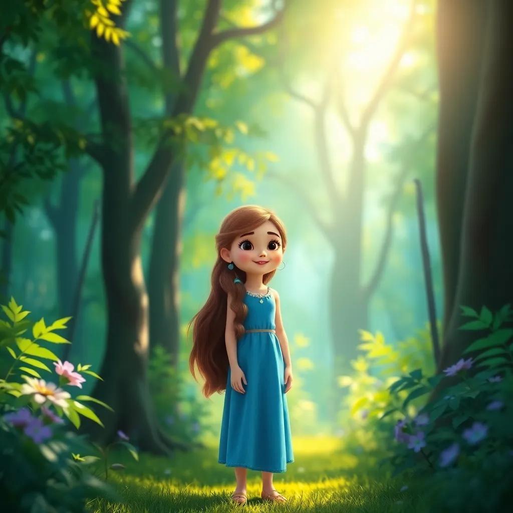 A young girl, Aria, with long brown hair, wearing a blue dress, standing in a vibrant green forest, sunlight filtering through the trees, digital art, whimsical, bright colors, cheerful atmosphere, fantasy
