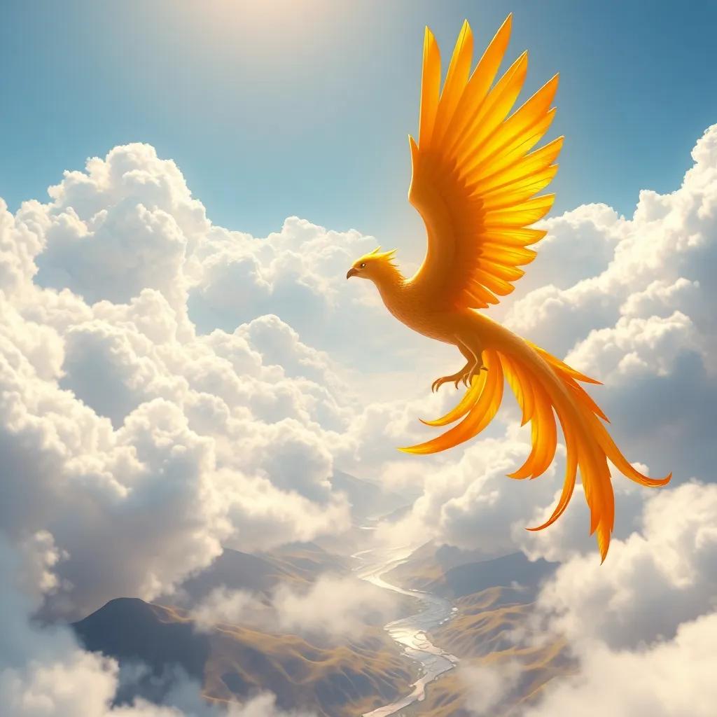 Aria with the phoenix, soaring above fluffy white clouds, sunlight reflecting off the golden feathers, magical landscape below with rolling hills and rivers, digital painting, uplifting, adventurous