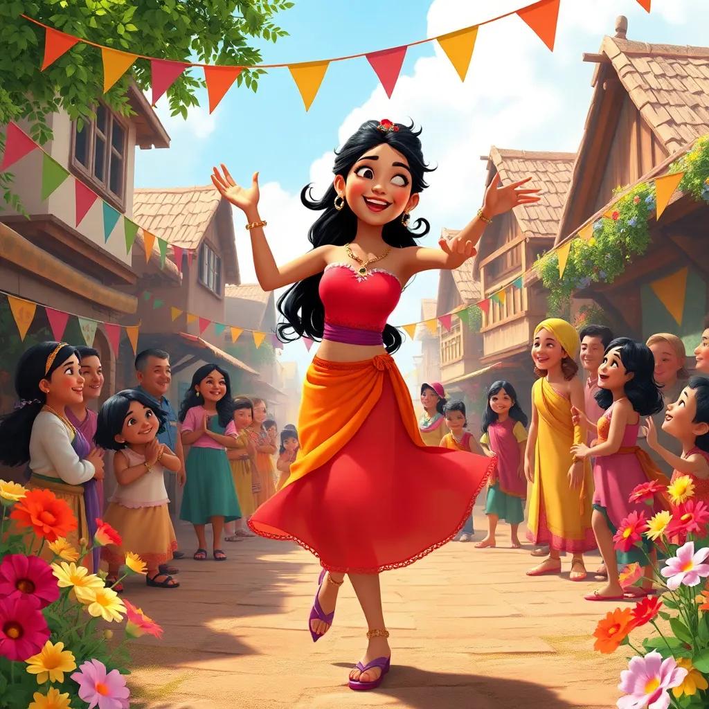 Aria dancing joyfully in a village, with villagers gathered, sharing smiles and laughter, colorful banners and flowers surrounding them, festive atmosphere, dreamy style, lively