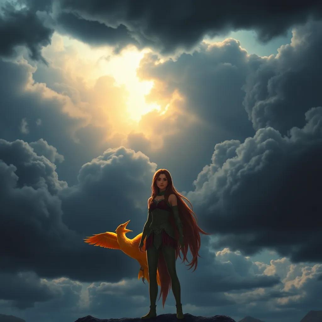 A dramatic stormy sky with dark clouds, Aria standing bravely in the foreground with the phoenix beside her, a hint of light breaking through the clouds, powerful, inspiring imagery, dynamic composition, digital art