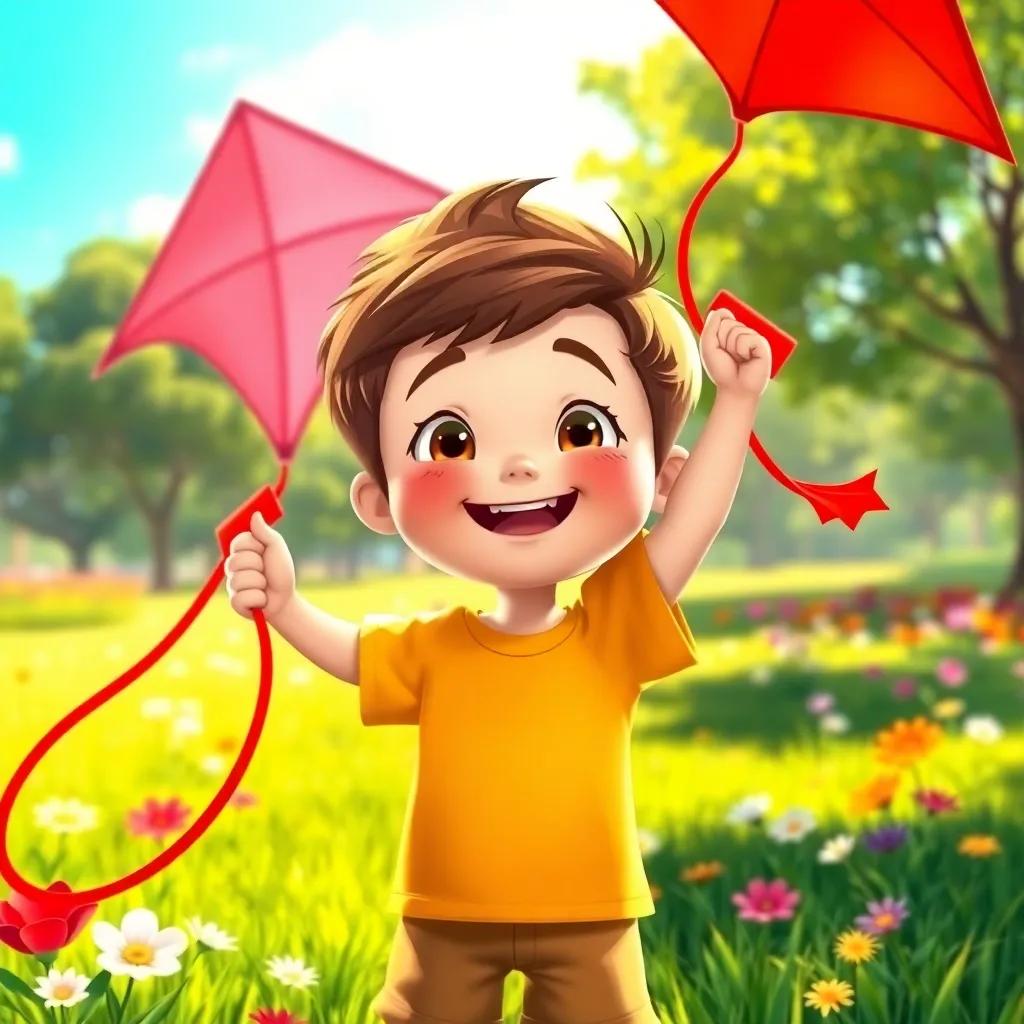 A little boy named Sam, with short brown hair, wearing a yellow t-shirt and shorts, joyfully holding a bright red kite in a sunny park filled with green grass and colorful flowers, digital art, cheerful, vibrant colors, warm sunlight, high quality