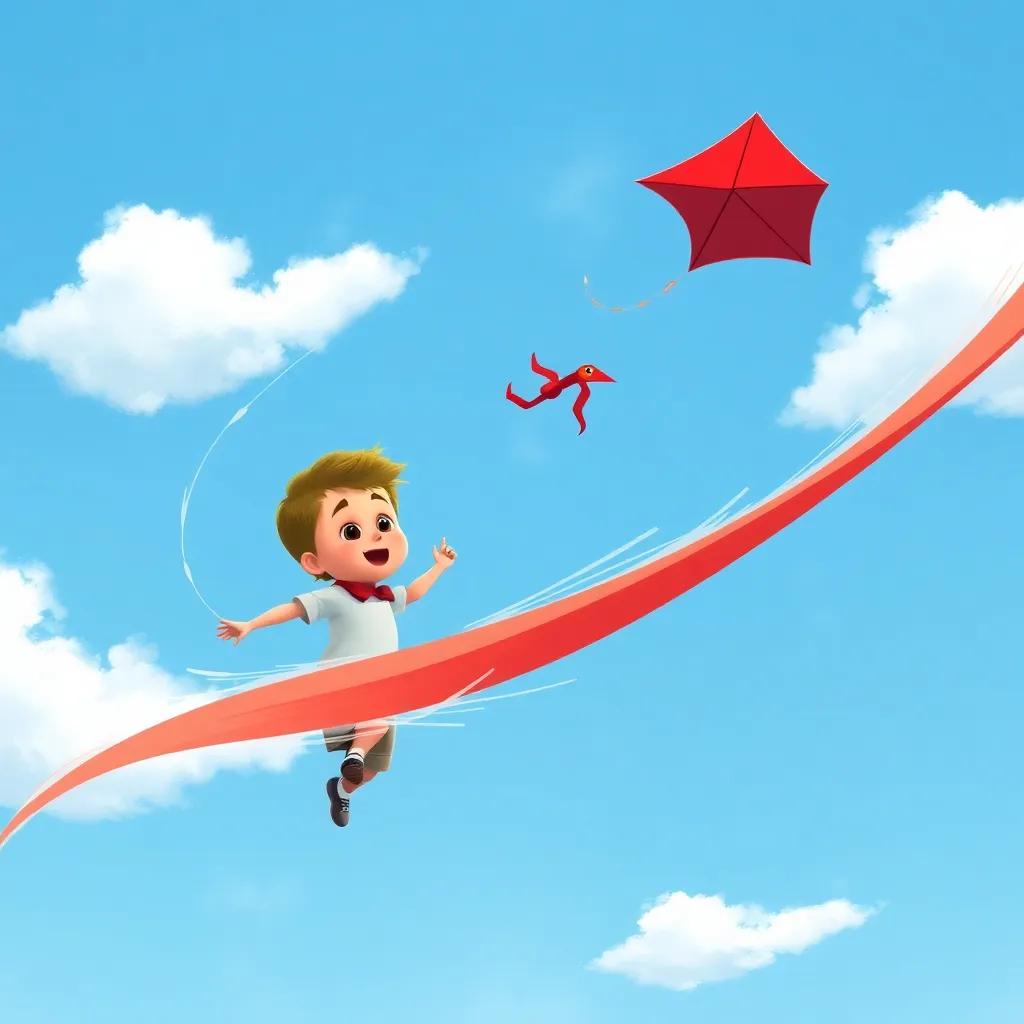 A bright red kite, flying away from a little boy named Sam, with a strong gust of wind swirling around, blue sky above with some fluffy white clouds, illustration, exciting, dynamic scene, child-friendly