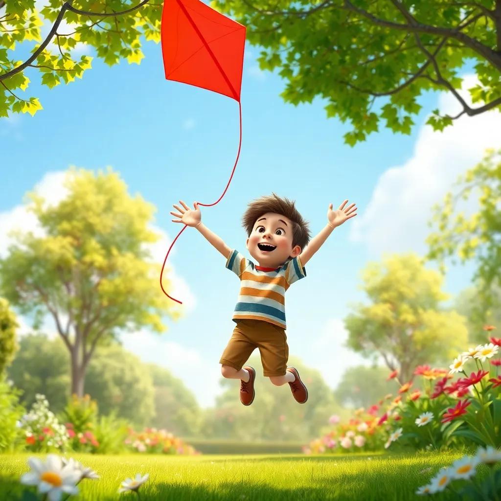 The bright red kite, drifting down to Sam, who is jumping with joy, arms wide open, in a sunny park, filled with greenery and flowers, heartwarming scene, vibrant, child-friendly