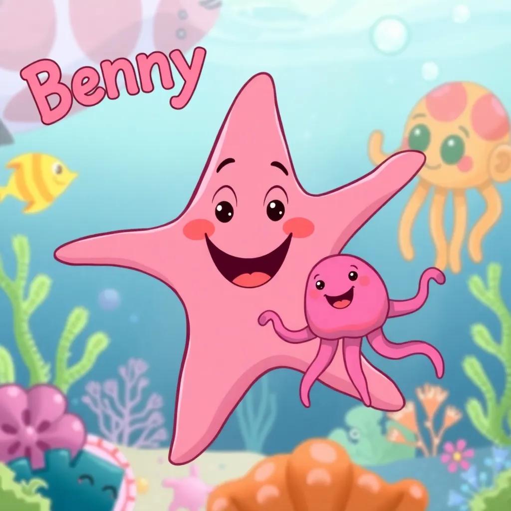 A happy starfish named Benny, bright pink with arms stretched wide, encouraging Jilly the jellyfish, playful underwater background with marine life, friendly atmosphere, cheerful expressions, digital illustration, colorful, engaging view, high quality