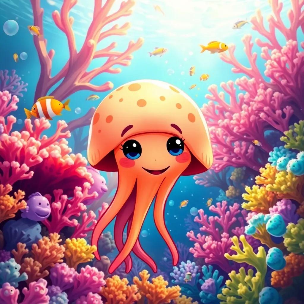 Jilly the jellyfish peeked out from behind a colorful coral reef with a variety of fish, feeling amazed, vibrant coral colors, light sparkling on the water, digital art, immersive, bright perspective, high quality