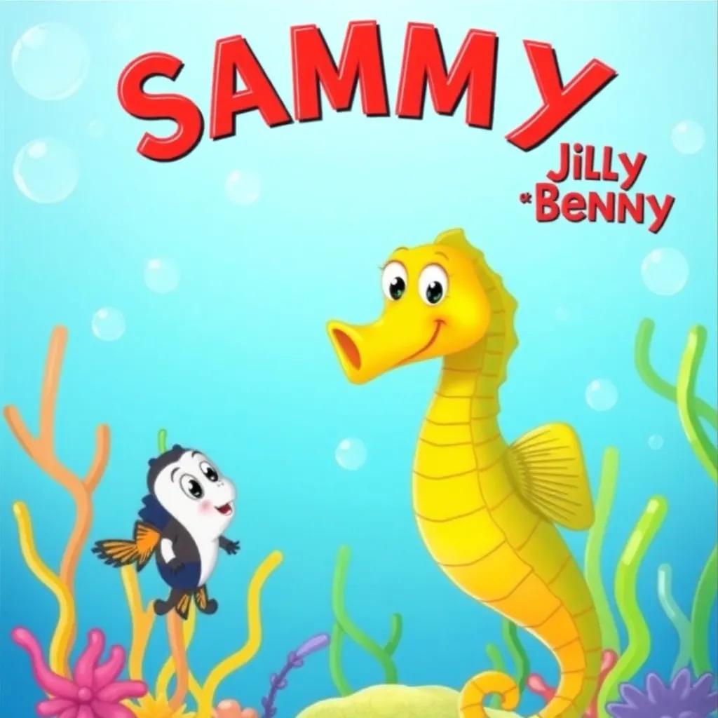 A cheerful seahorse named Sammy smiling and talking to Jilly and Benny, colorful underwater setting with bubbles and seaweed, bright, engaging scene, friendly atmosphere, digital artwork, vivid colors, high quality