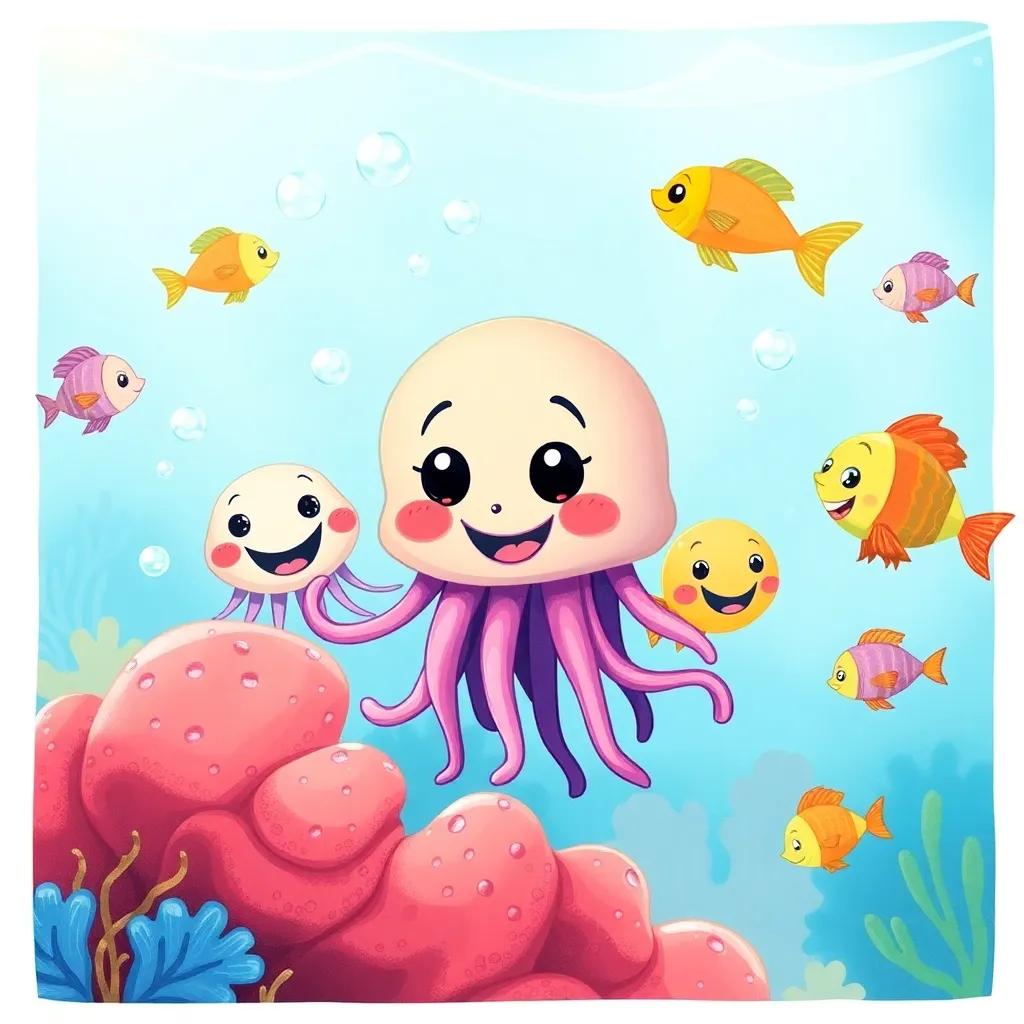 A fun scene of Jilly the jellyfish and her friends playing hide and seek behind coral, playful expressions, bubbles in the water, colorful fish swimming around, illustration, happy, vibrant lighting, high quality