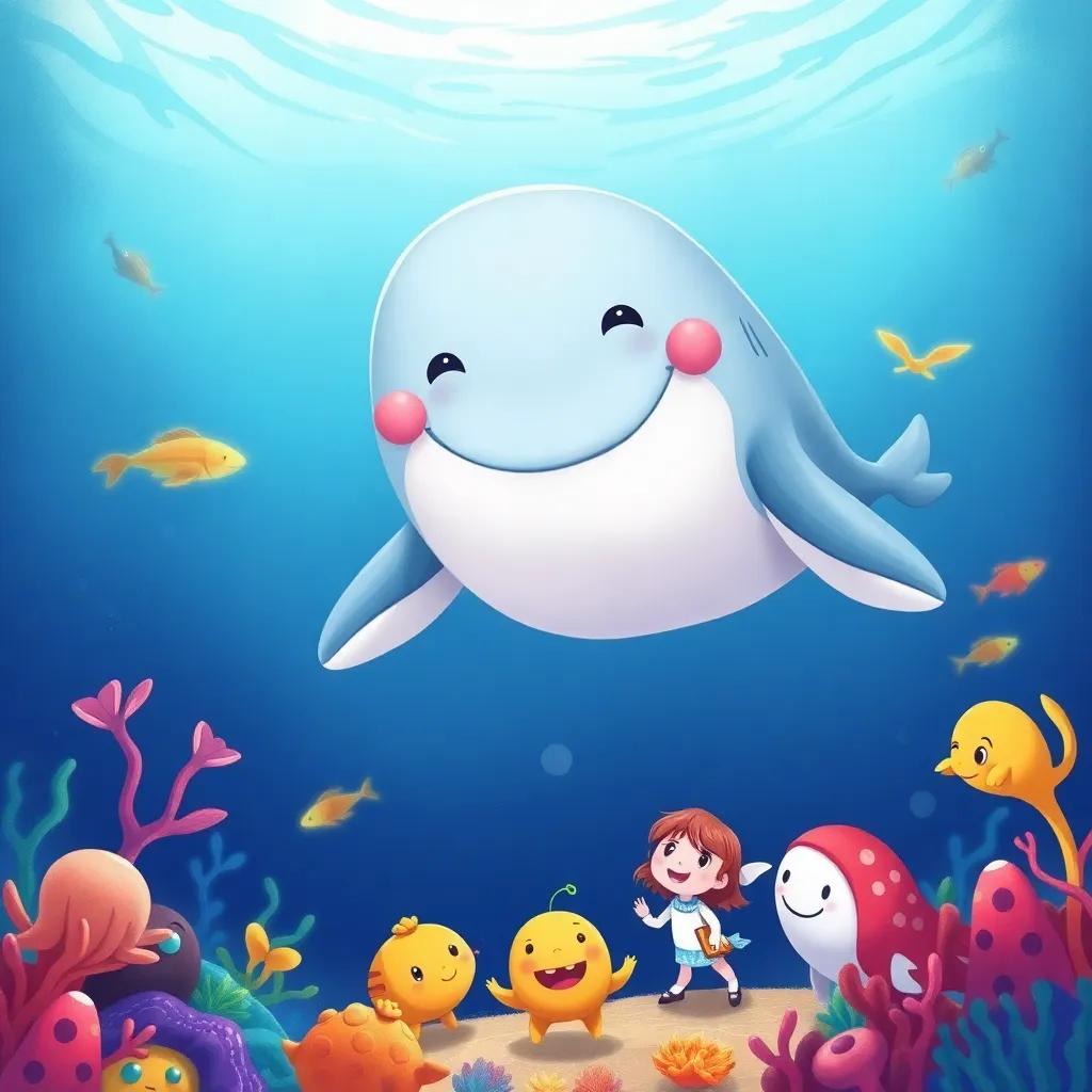 A big friendly whale smiling down at Jilly and her friends, with the ocean deep and colorful creatures around, a warm, inviting scene, joyful atmosphere, digital illustration, bright and cheerful, high quality