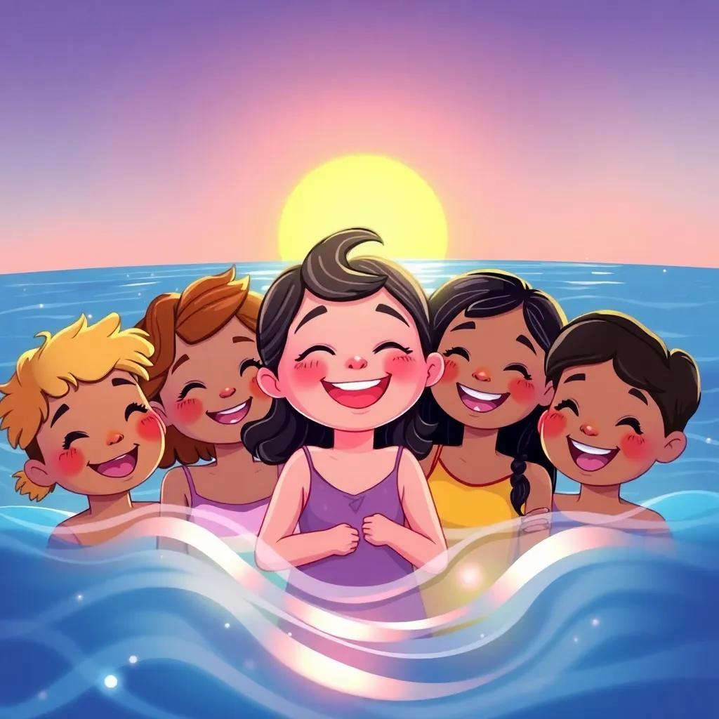 Illustration of Jilly glowing with joy at the end of the day, surrounded by her friends, with a setting sun shining above water, friendly expressions, vibrant colors, heartwarming scene, digital art, happy, bright lighting, high quality