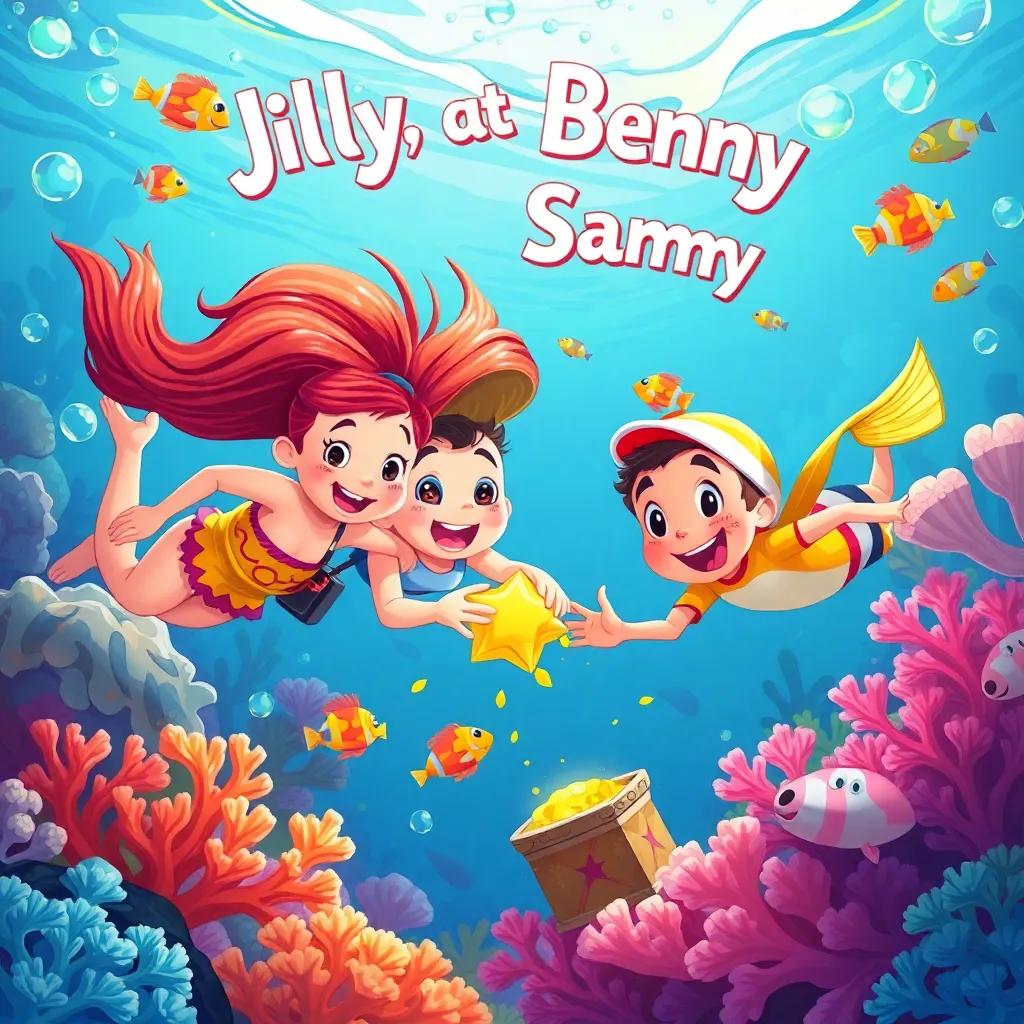 Jilly, Benny, and Sammy swimming together, exploring together with treasures around, bright coral and fish, joyful and adventurous atmosphere, digital painting, colorful, engaging, high quality