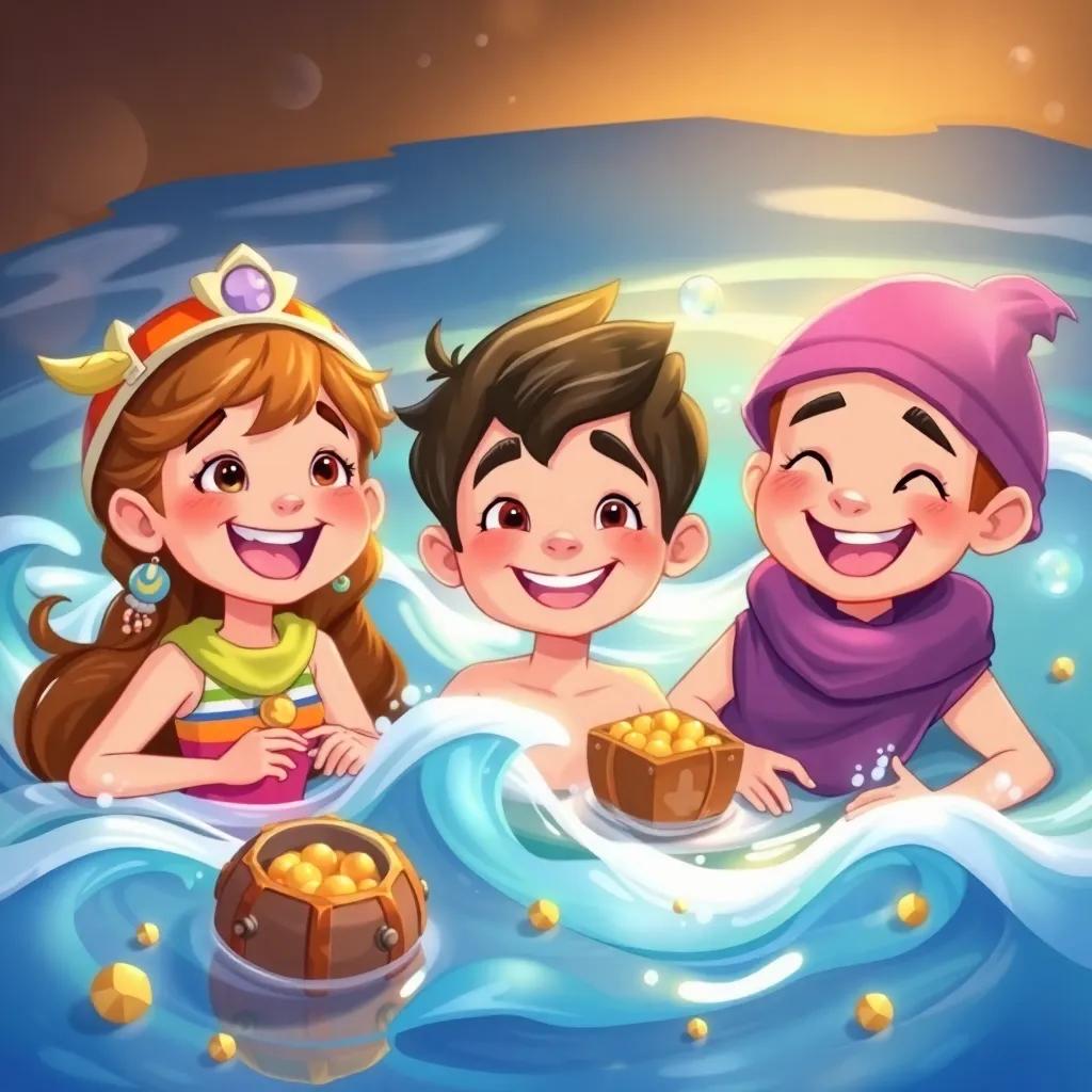 Jilly, Benny, and Sammy smiling with waves and treasures, excited to be friends and brave, warm light filtering through water, happy expressions, fantasy scene, digital art, bright colors, high quality