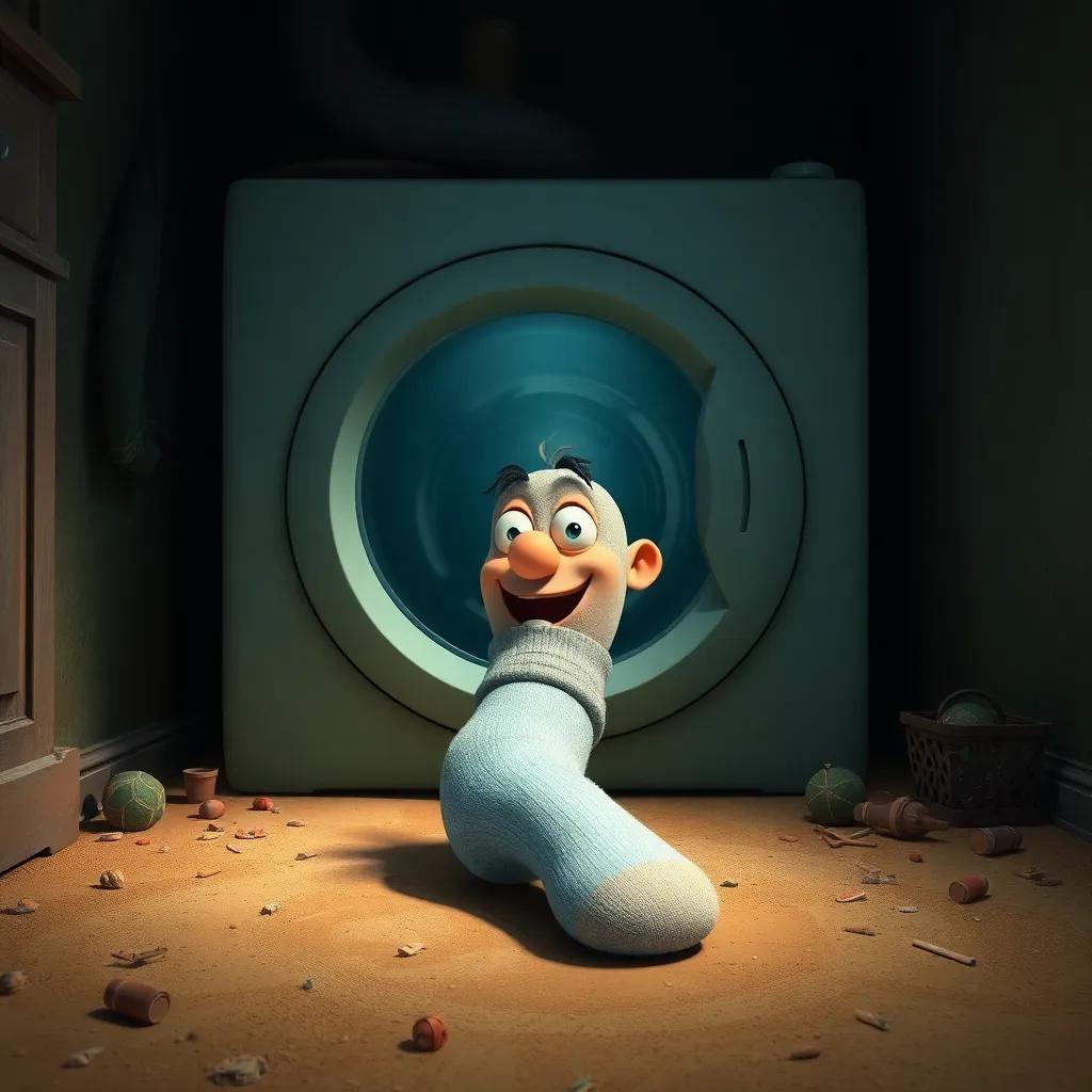 Larry, the sock, rolling across the floor, squeezing under the dark washing machine, dusty space, with scattered forgotten treasures, digital art, playful, curious atmosphere, whimsical