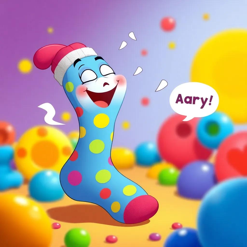 Polka, the cheeky sock with colorful polka dots, laughing and telling jokes to Larry, bright and cheerful, surrounded by vibrant colors, playful background, illustration, fun and friendly