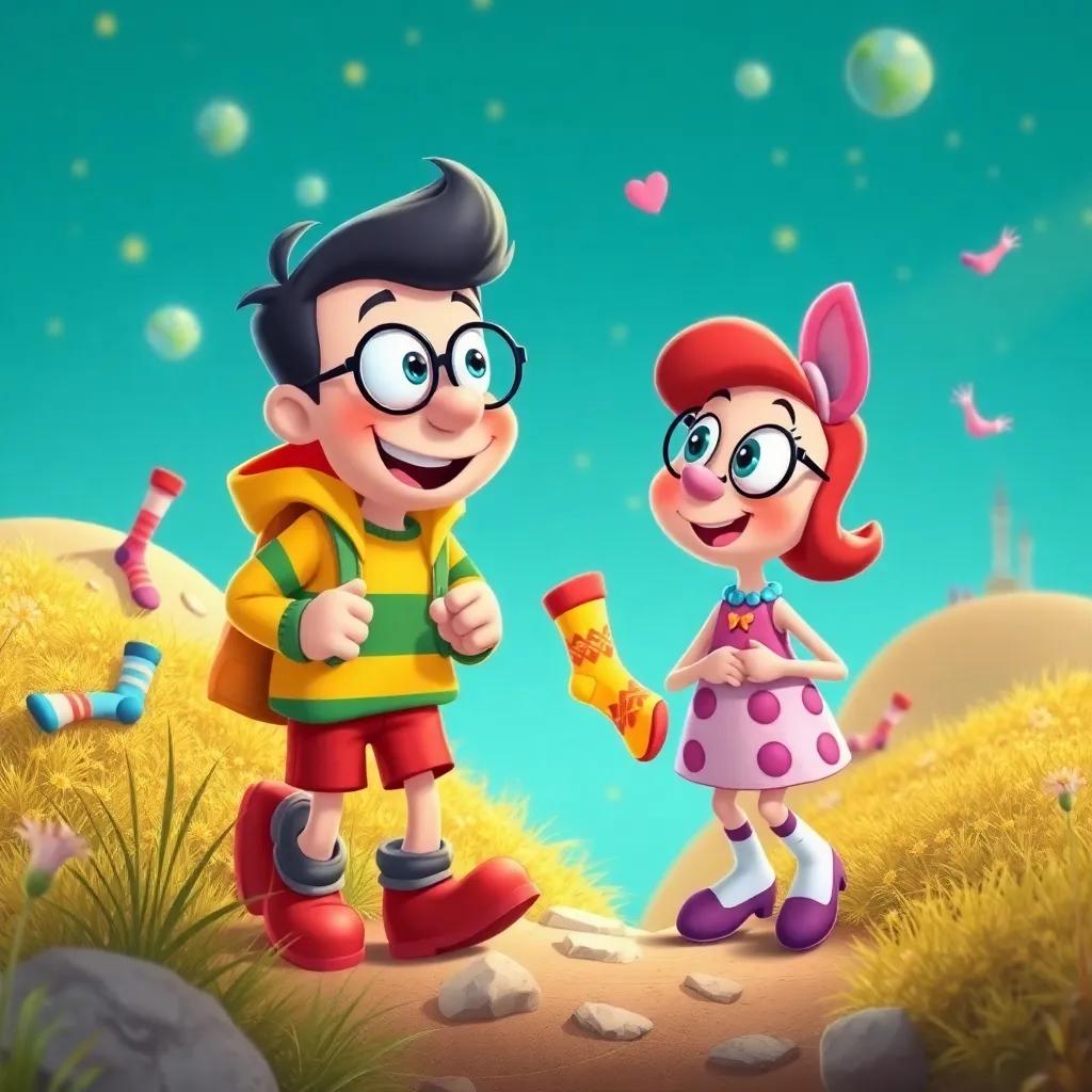 Larry and Polka exploring the land of lost socks, discovering socks tucked in unusual places, lively colors, imaginative scenery, joyful and humorous, digital art, heartwarming