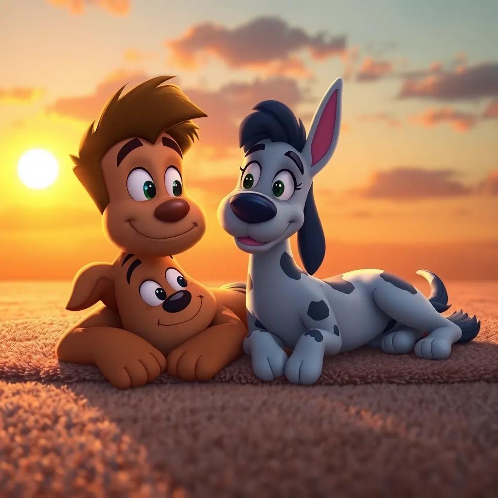Larry and Polka resting on a soft carpet during sunset, looking hopeful with a slight grin, warm and soothing colors, calming atmosphere, digital art, peaceful and comforting