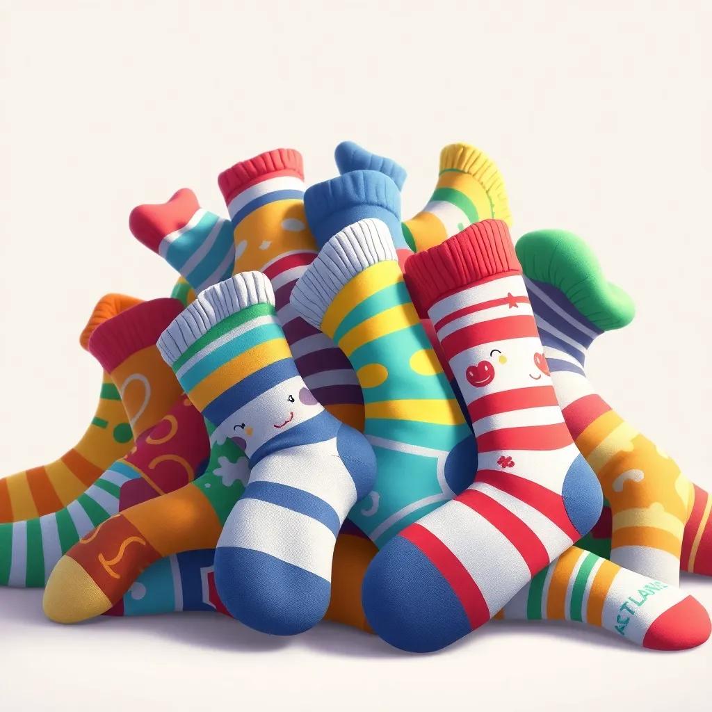 A group of socks tangled together, the sound rustling from the laundry pile, colorful socks with different patterns and expressions, charming, whimsical, child-friendly illustration, joyful interaction
