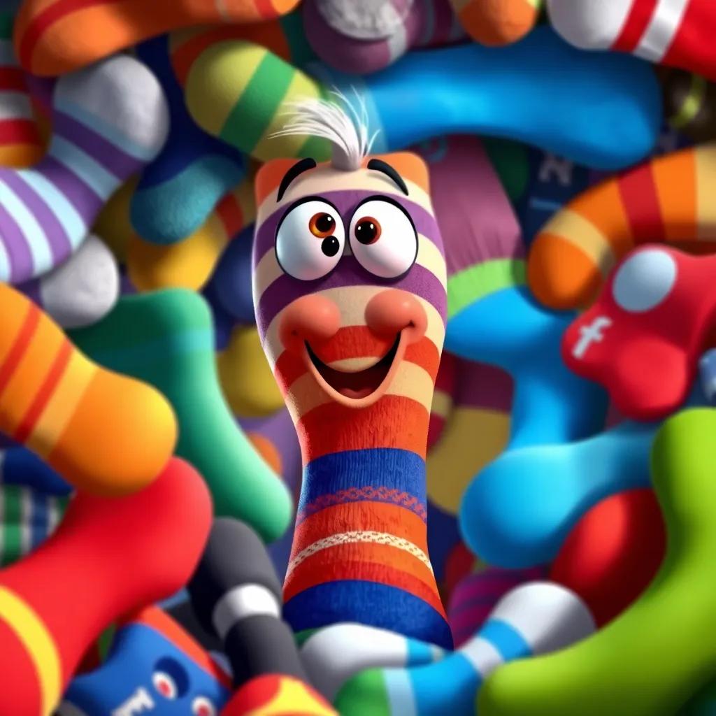 Stripey, a striped sock, stuck under a pile of mismatched socks, looking surprised and happy as Larry reaches in to pull him out, vibrant colors, uplifting, heartwarming scene