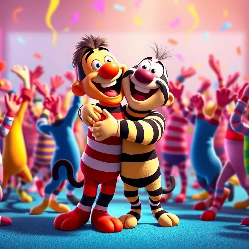 Larry and Stripey reuniting with a joyful hug, surrounded by dancing socks cheering, bright and colorful atmosphere, digital art, celebration and friendship theme, vibrant colors