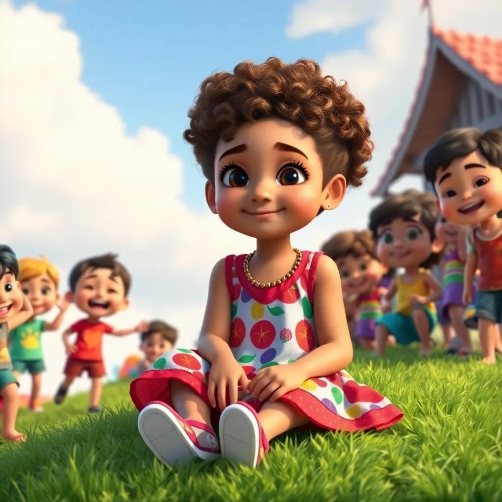 A young girl, Samira, with curly brown hair wearing a colorful dress, sitting on a grassy hill surrounded by eager children, digital art, vibrant colors, cheerful atmosphere, inviting perspective, high quality