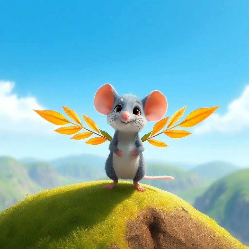 A tiny mouse, Milo, with soft gray fur, wearing makeshift wings made of leaves and feathers, standing at the edge of a high hill with a big blue sky above, illustration, bright and adventurous, uplifting appeal, child-friendly