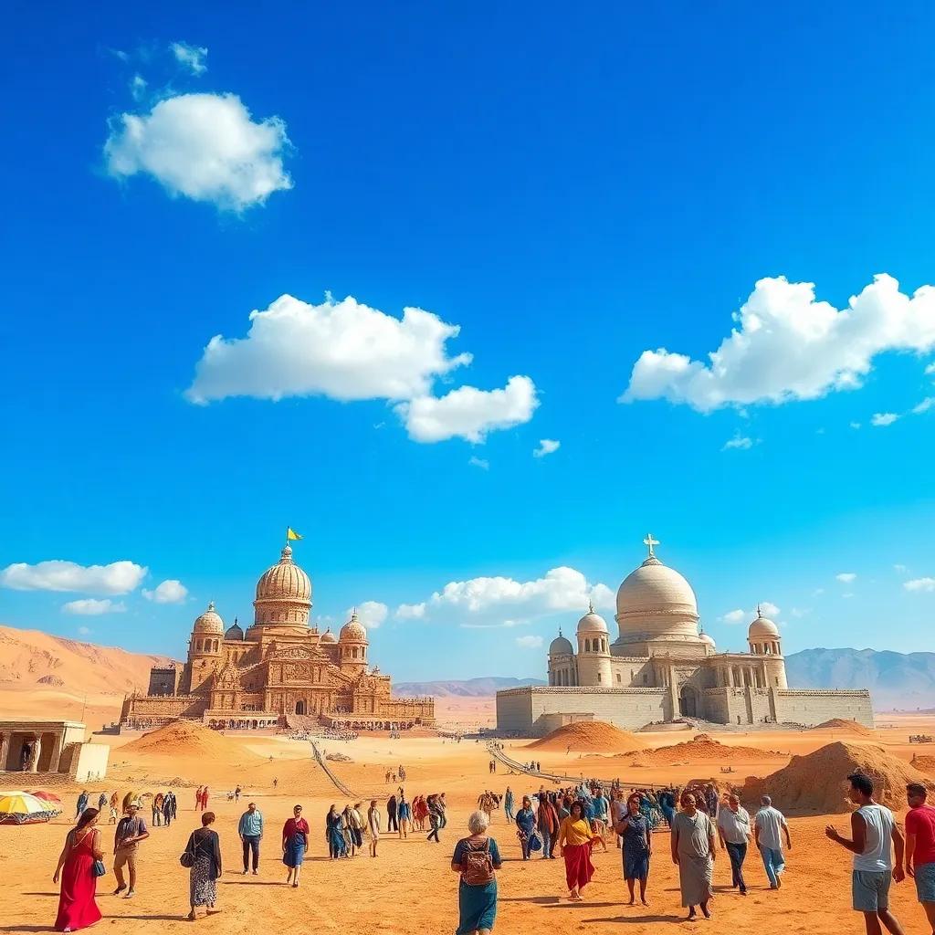 Two cities in a desert, Sodom and Gomorrah, under a bright blue sky with a few clouds, with people walking around looking sad and unfriendly, digital art, colorful, vibrant colors, a touch of chaos, happy atmosphere, detailed