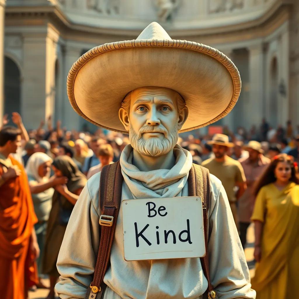 A traveler wearing a big hat, standing in the center of Sodom, with people arguing and pushing in the background, the traveler looking calm and wise, holding a sign that says 'Be Kind', bright and cheerful colors, detailed, child-friendly, warm light