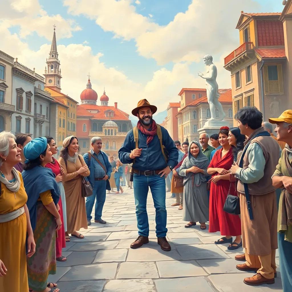The traveler talking to a group of townsfolk, some laughing and some looking curious, surrounded by a montage of the two cities, emphasizing the contrast, colorful, whimsical style, inviting atmosphere, digital painting