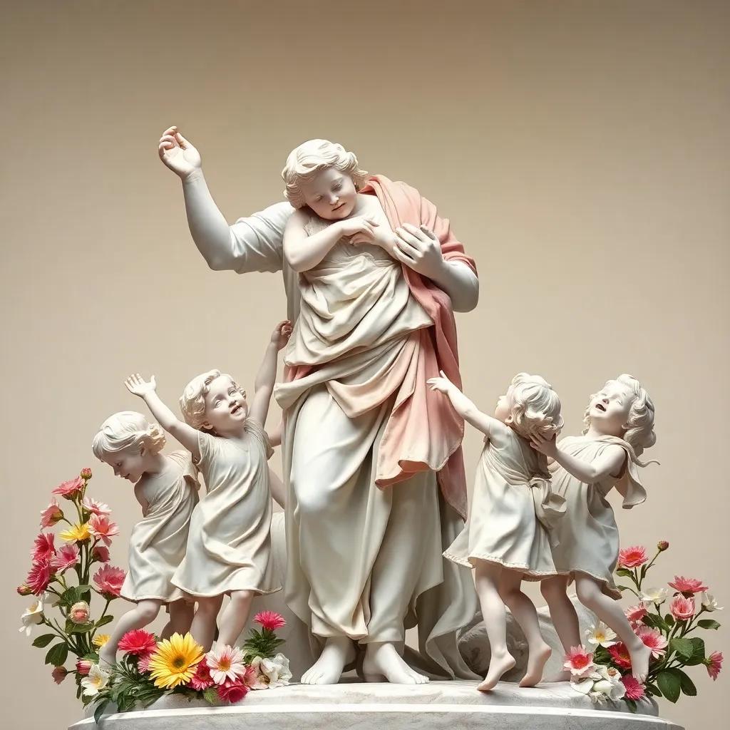 A small girl crying, the traveler gently lifting her up and spinning her around, with happy children joining in, blooming flowers around them, a joyous scene, bright colors, whimsical and heartwarming, high detail