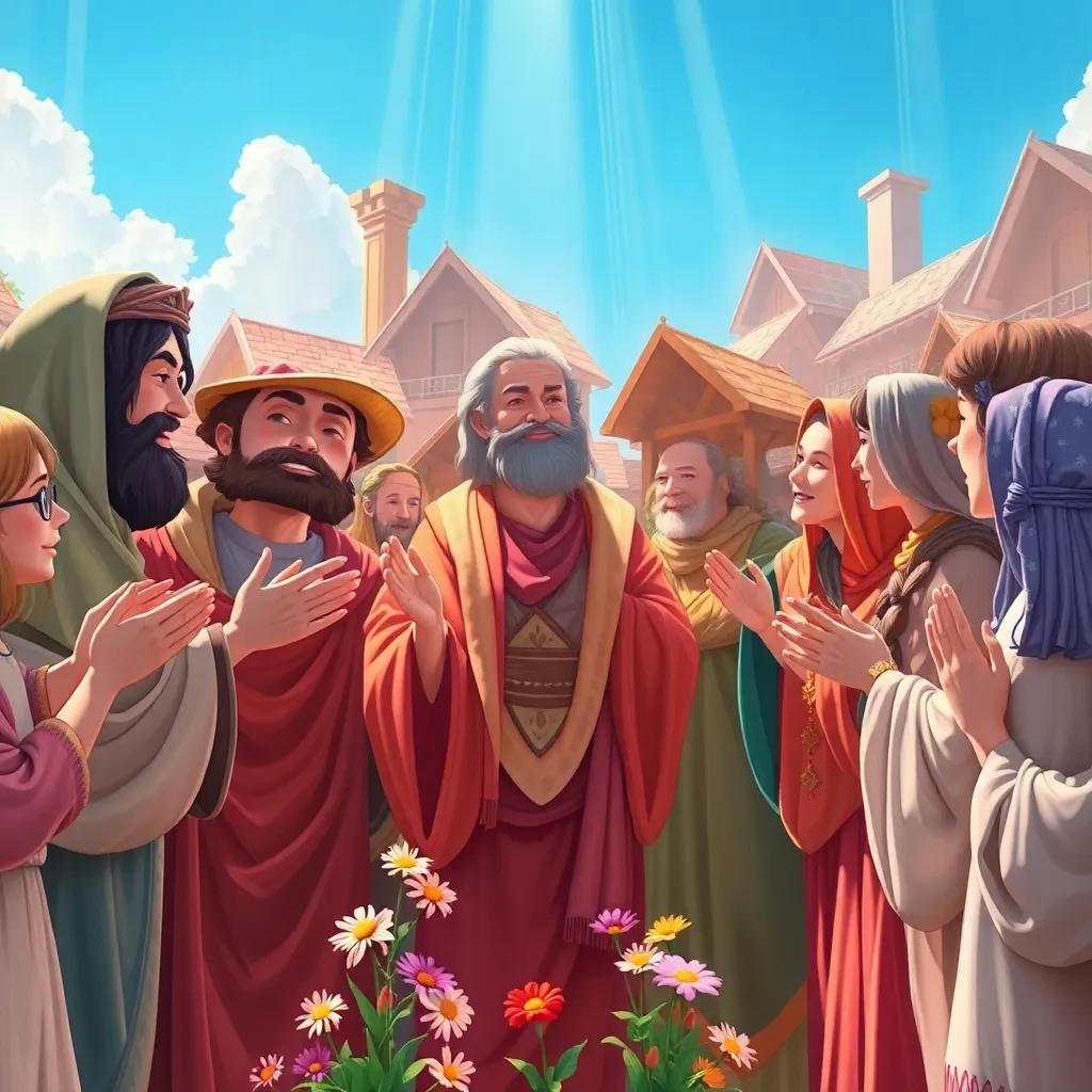 The townsfolk gathered around the traveler, clapping and smiling, with flowers blossoming around them as they learn to play and share, bright sunshine pouring down, colorful, soft light, joyful perspective, illustration