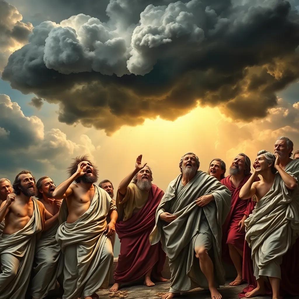 The men of Sodom, angry and shouting, with dark clouds forming above them while the traveler remains calm, depicting a contrast between light and darkness, dramatic colors, child-friendly, high detail, vivid