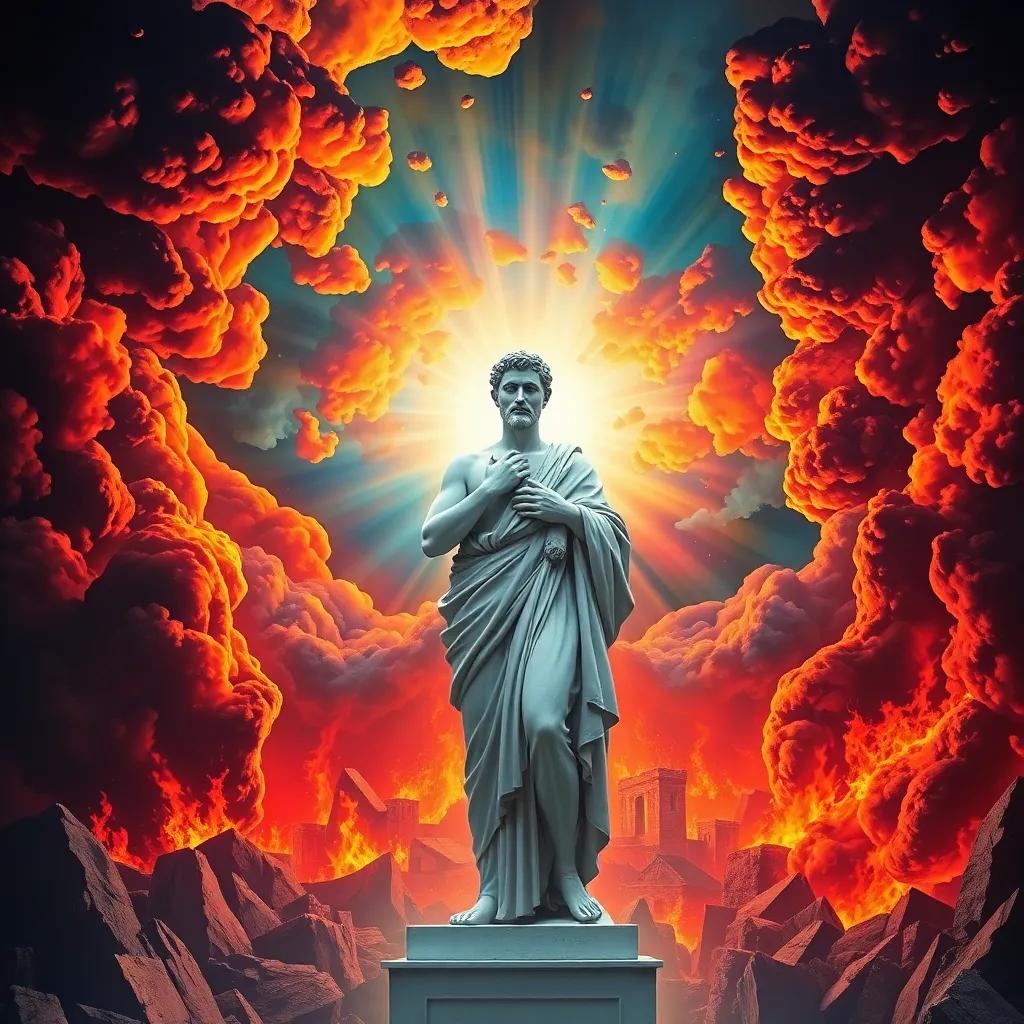 A fiery sky with flames coming down towards the cities of Sodom and Gomorrah as a warning, the traveler standing firm, a radiant light behind him, conveying hope amidst despair, colorful, striking contrast, dramatic