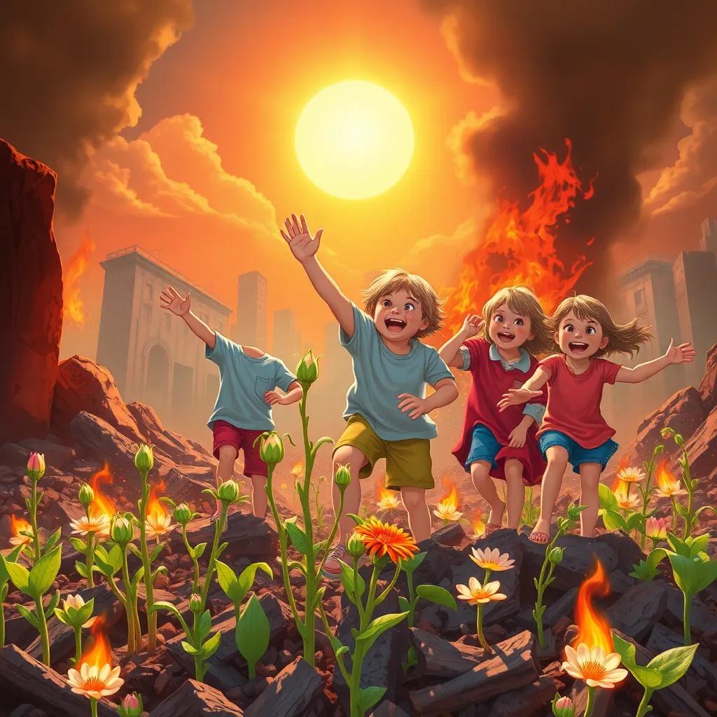 A scene after the flames, budding plants and flowers growing from the ashes of the cities, children playing together joyfully with smiles, sun shining brightly, bright and optimistic colors, nature's rebirth, detailed illustration