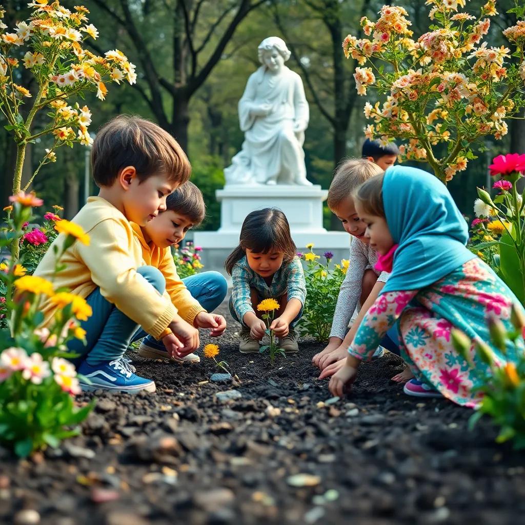 A warm scene with children of various ethnicities planting seeds in the ground, with blooming flowers and trees around them, showcasing kindness flourishing again, colorful, inviting atmosphere, high detail, heartwarming