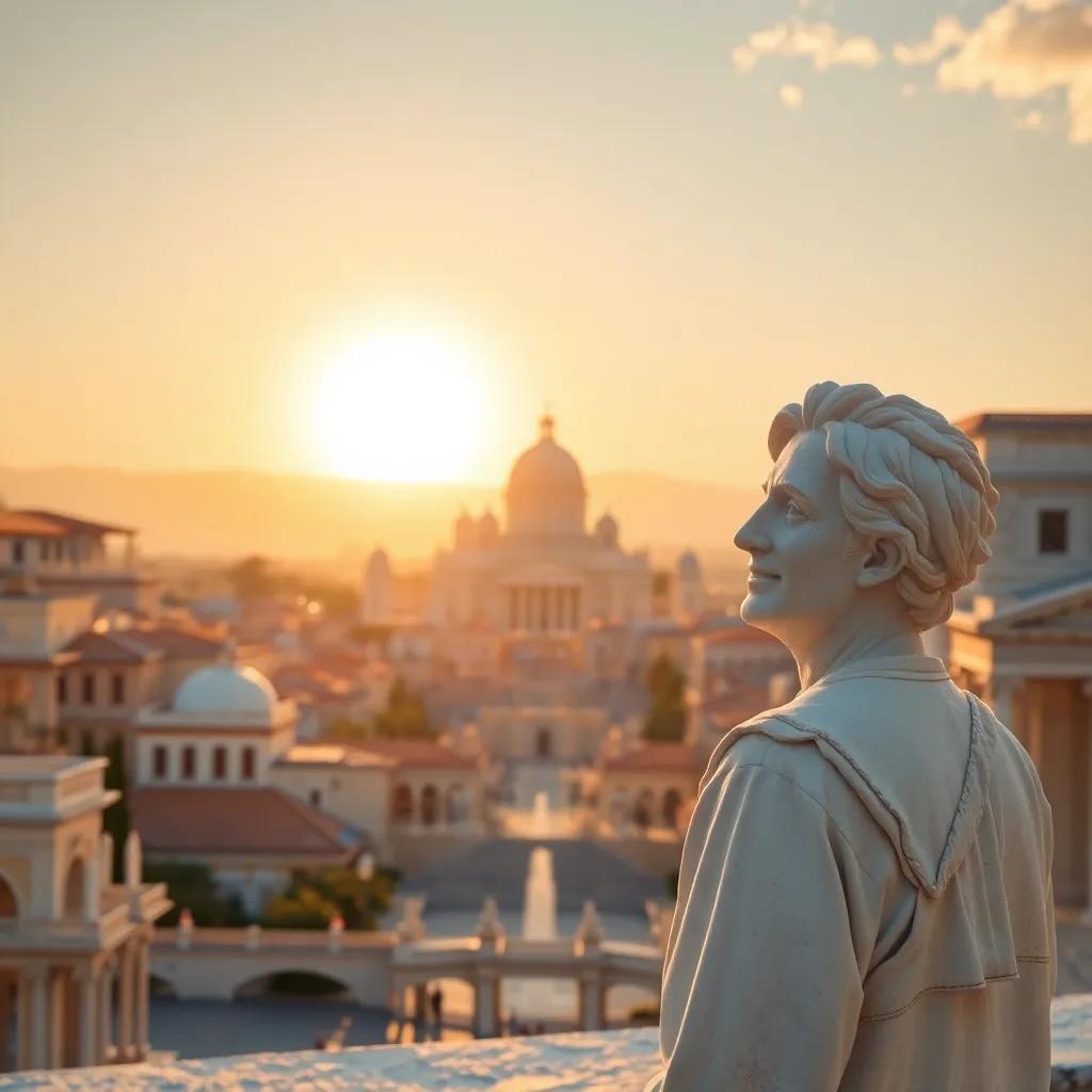 A closing scene with a large bright sun setting behind the new city of kindness, the traveler looking on with a smile, conveying warmth and happiness, soft colors, uplifting imagery, vibrant quality