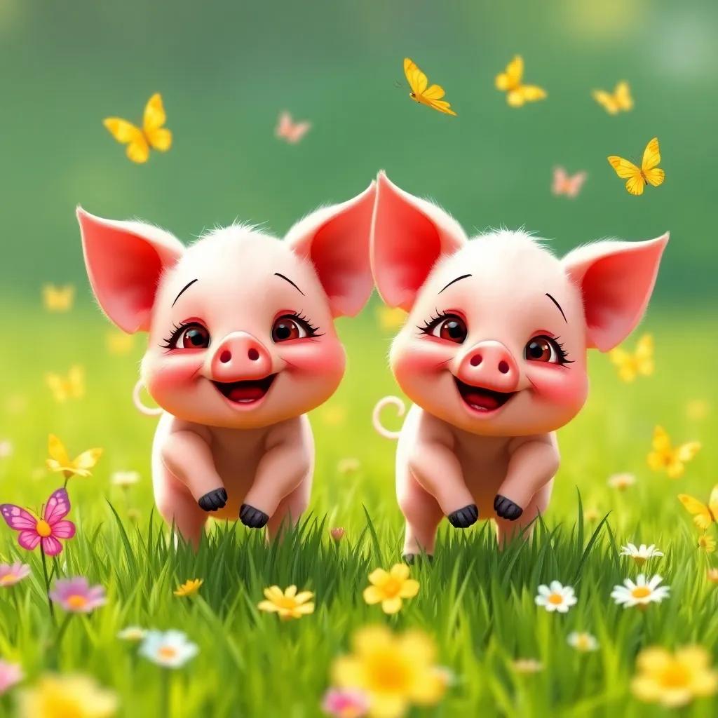 Two little piglets, Pam and Pat, identical twins with round faces and curly tails, playing in a bright green meadow with butterflies, digital art, cheerful colors, sunny atmosphere, high quality