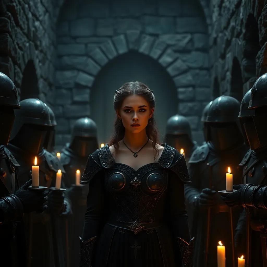 A dark castle dungeon with stone walls, where Princess Mira stands with guards surrounding her, her expression a mix of sadness and guilt, candlelight flickering, somber mood, high-quality