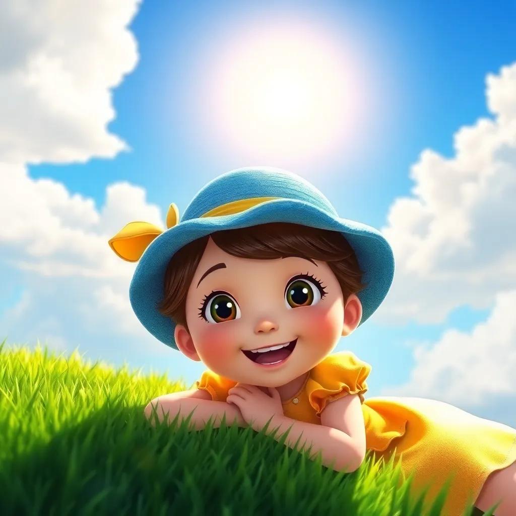 A young girl, Sally, with brown hair, wearing a yellow dress and a blue hat, lying on green grass under a sunny sky with fluffy clouds, joyful expression, digital art, vibrant colors, bright atmosphere, high quality