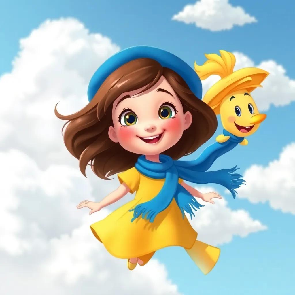 Sally, the young girl, with brown hair, in a yellow dress and blue hat, swirling through fluffy white clouds with Breezy, the whimsical wind who has a bright blue scarf, playful and joyful, illustration, cheerful, child-friendly, lively colors