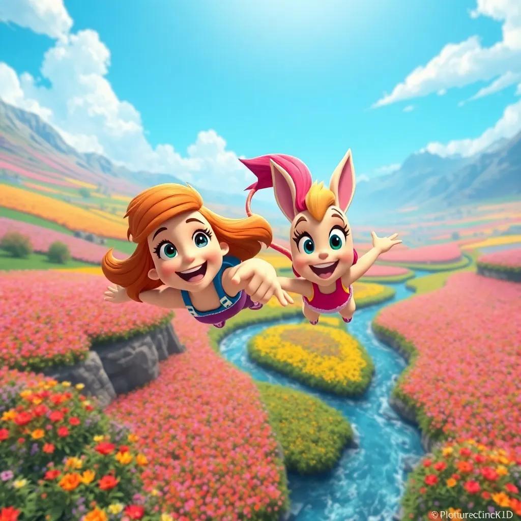 Sally and Breezy flying over colorful fields filled with flowers and sparkling rivers, vibrant scenery and a bright blue sky above, dynamic angle, joyful adventure theme, digital painting, colorful, engaging imagery, high quality
