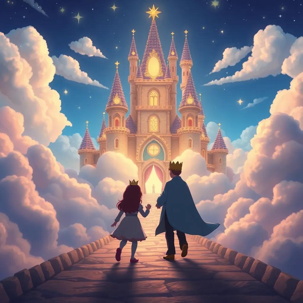 Sally and Breezy arriving at the Cloud Castle, a majestic castle made of clouds with shimmering stars, Dreamy the Cloud King, a gentle figure wearing a starry crown, welcoming them, magical fantasy scene, digital art, ethereal atmosphere, high quality