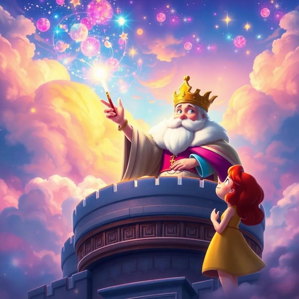 Dreamy the Cloud King, in the Cloud Castle, waving a wand and creating beautiful dream images that fill the sky with color, Sally gazing in awe, magical sparkles and vibrant colors, captivating child-friendly environment, digital painting, fantasy art, high quality