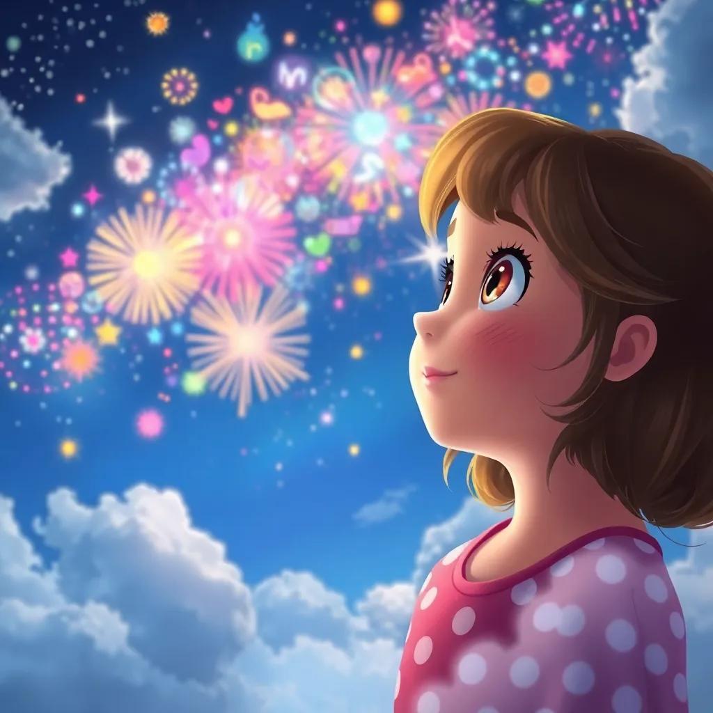 Sally watching beautiful dream visions in the sky with a spark of excitement in her eyes, colorful fireworks of images of her dreams, clouds surrounding her, imaginative atmosphere, digital art, bright colors, emotional depth, high quality