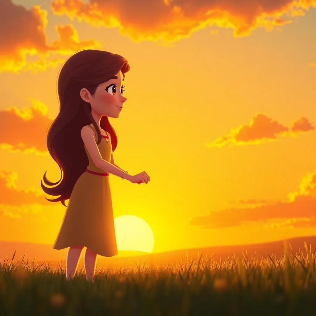 Sally holding hands with Breezy, promising to chase her dreams, a golden sunset backdrop with vibrant colors and soft clouds, tender moment, magical aura, digital art, warm tones, heartwarming scene