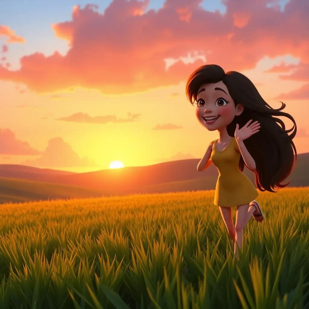 Breezy bringing Sally back to the green fields at sunset, Sally waving goodbye with a joyful smile, the sky painted in beautiful hues of orange and pink, digital painting, serene environment, emotional scene, high quality