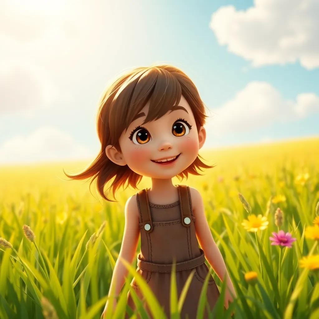 Sally, a young girl with brown hair, returning to the grass fields, filled with determination and excitement to chase her dreams, whimsical atmosphere, sunshine and joyous colors, digital art, inspiring, uplifting imagery, high quality