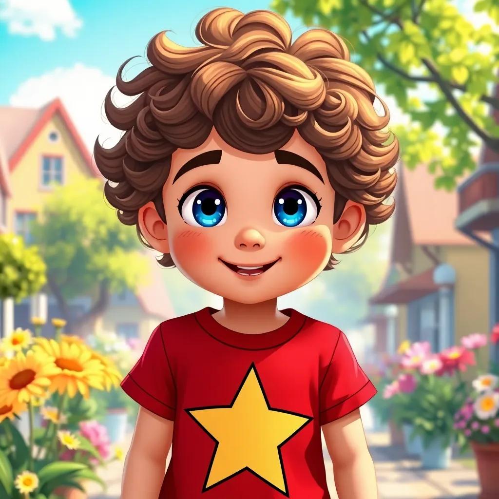 A young boy, Timmy, with curly brown hair and bright blue eyes, wearing a red t-shirt with a big star, standing in a sunny town with blooming flowers, cheerful atmosphere, digital art, vibrant colors, joyful scene, high quality